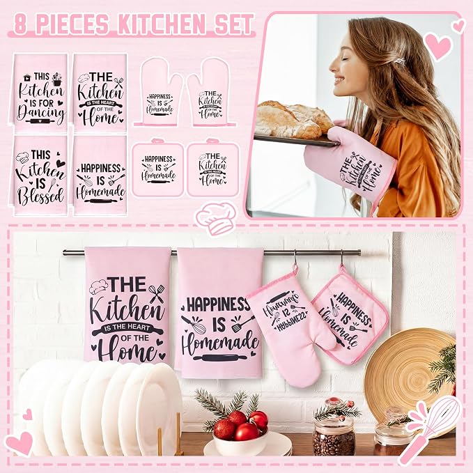 Leinuosen 8 Pcs Kitchen Towels and Oven Mitts Sets Pot Holders Dishcloths Set - Image 2
