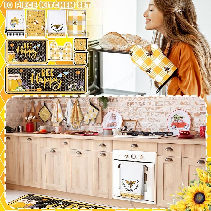 Fourluoo 10 Pcs Bee Themed Kitchen Decor Set Dish Towels Kitchen Rugs Oven - Image 2