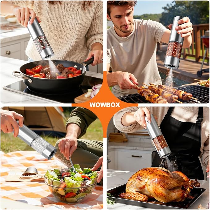 WOWBOX Electric Salt and Pepper Grinder Set 2 PCS, Stainless Steel Automatic - Image 7