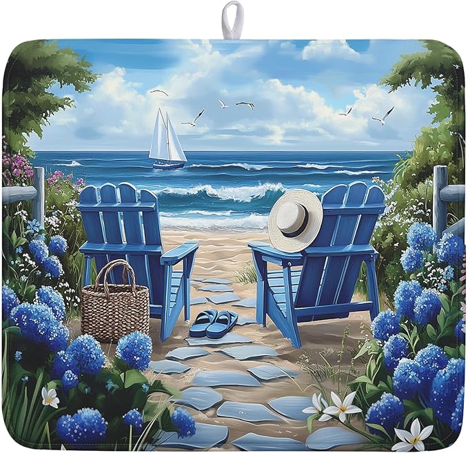 Summer Beach Chairs Dish Drying Mat Sea Wave Blue Floral Drying Mat fo Kitchen by Kawani