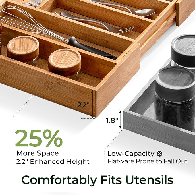 keechee Carbonized Bamboo Kitchen Drawer Organizer, 10 Slots Expandable - Image 3