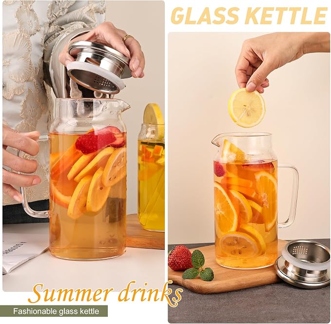 Set of 2 Glass Pitcher with Lid, 1200ml Leak Proof, Glass Water Jugs, Microwave - Image 4
