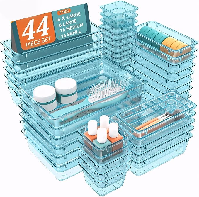WOWBOX 44 PCS Clear Plastic Drawer Organizer Set, 6 Varied Size storage Bins by WOWBOX