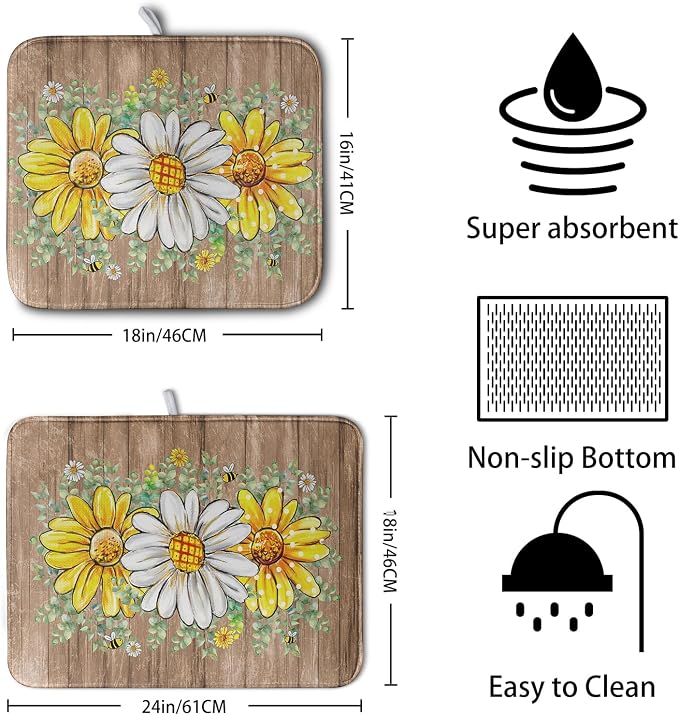 Rustic Daisy Floral Dish Drying Mat - Image 2