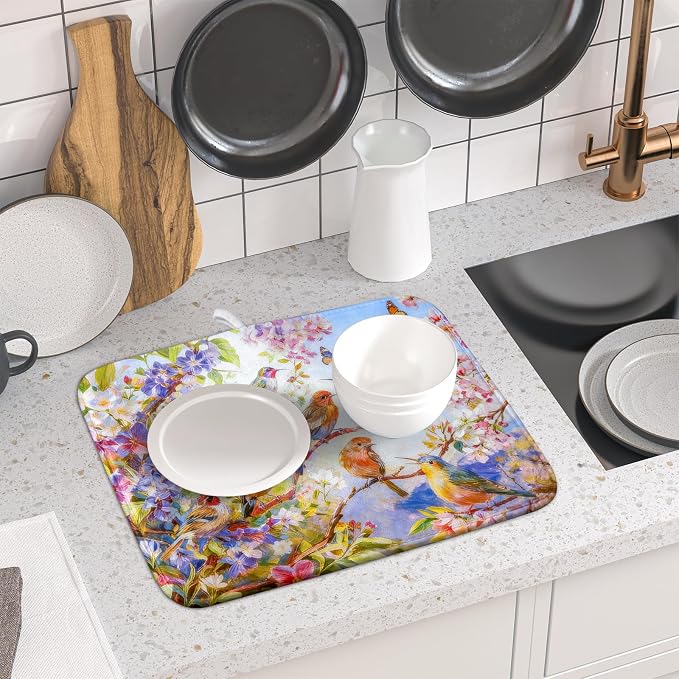 Spring Bird Dish Drying Mats for Kitchen Counter Floral Small Dish Drying Pad - Image 6