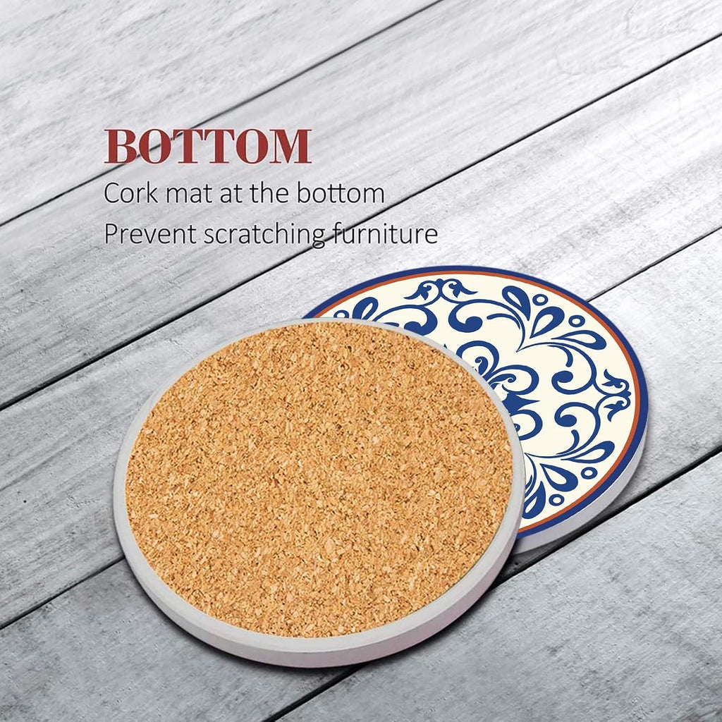 Coasters for Drinks, Set of 6, Ceramic Stone Vintage Blue