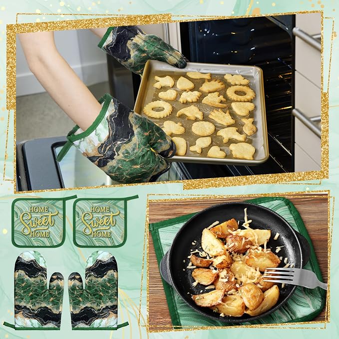 Bencailor 6 Pcs Marble Kitchen Decor Gold Pot Holders Oven Mitts 2 Dish Towels - Image 6