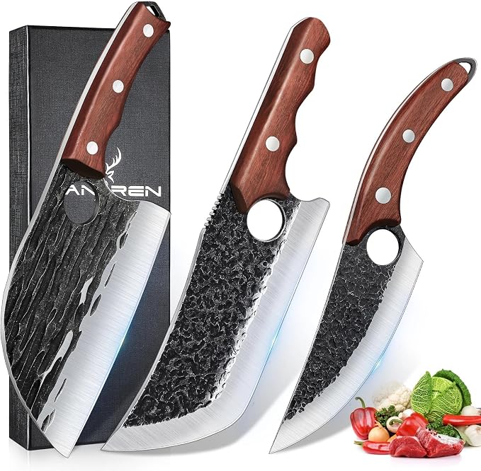 TAN REN 3PCS Butcher Knife Set for Meat Cutting, Hand Forged Meat Cleaver Knives by TANRENSincerelyBuildKnives