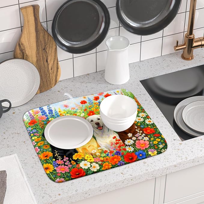 Flower Dog Dish Drying Mat Spring Floral Microfiber Absorbent Dish Drying Pad - Image 6