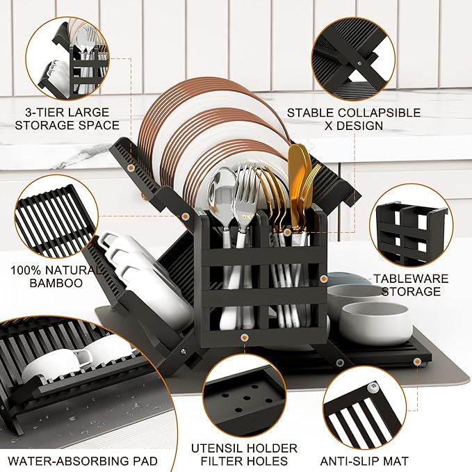 Greenual Black Bamboo Dish Drying Rack - Image 5
