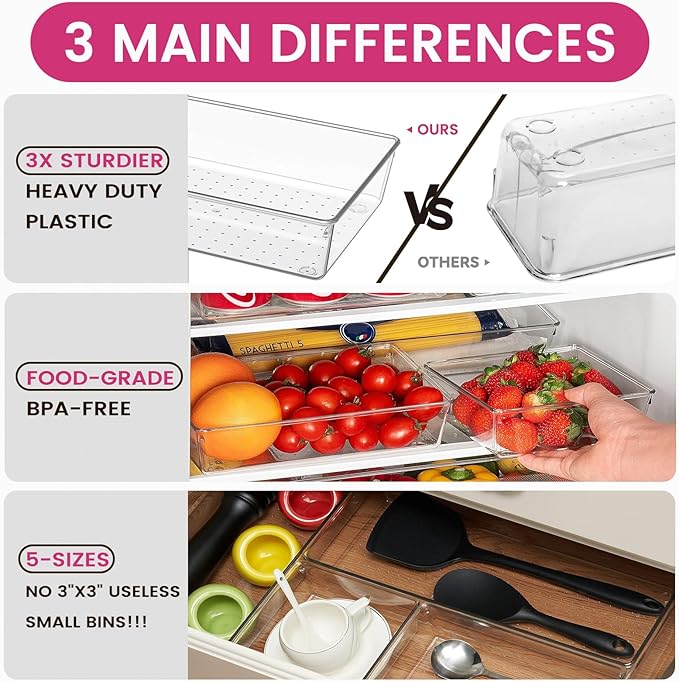 Criusia Large Drawer Organizer Bins 26 Pack | Complete 5 Size Clear Plastic - Image 5