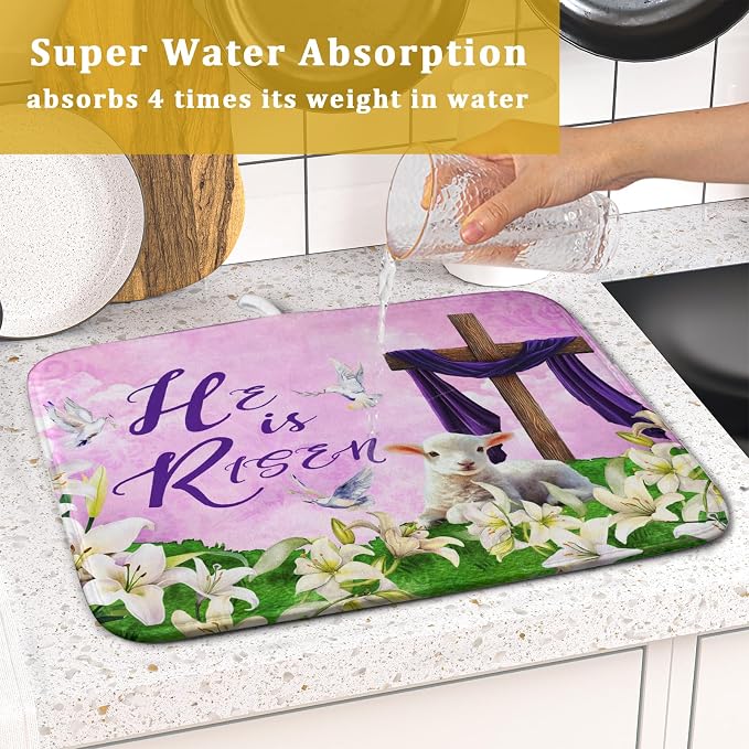 Giwawa Easter Purple Dish Drying Mat, He is Risen Cross Lamb Floral Dish - Image 7
