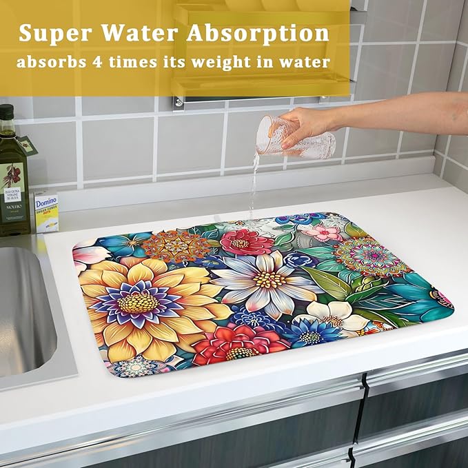 Boho Floral Dish Drying Mat for Kitchen Counter 18x24 Inch Super Absorbent - Image 7