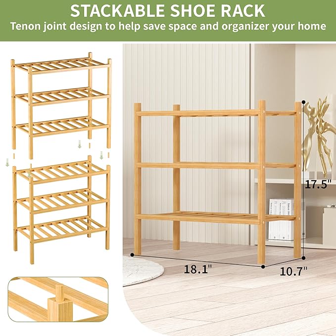 ROMGUAR CRAFT 3-Tier Bamboo Small Shoe Rack, Free Standing Wood Shoe Shelf - Image 3