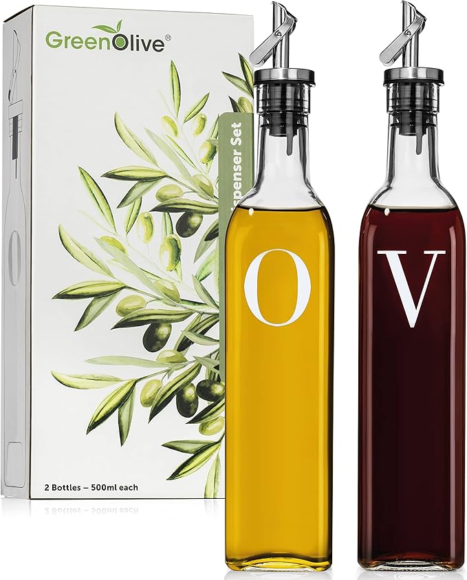 GREENOLIVE Olive Oil and Vinegar Dispenser Set - 17 oz. Glass Bottles - Stylish by GREENOLIVE