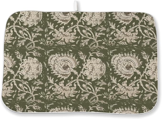 Green Dish Drying Mat 18 x 24 Inch Vintage Olive Green Floral Drying Mat by Sorktse