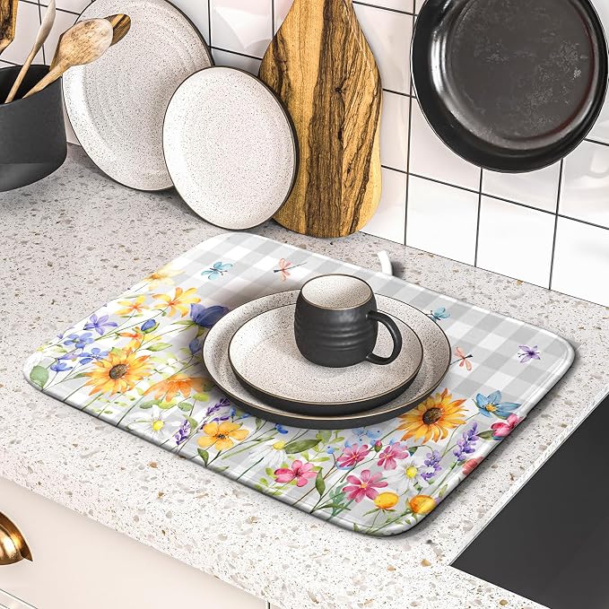 Giwawa Spring Floral Dish Drying Mat, Summer Flower Grey Buffalo Plaids Dish - Image 5