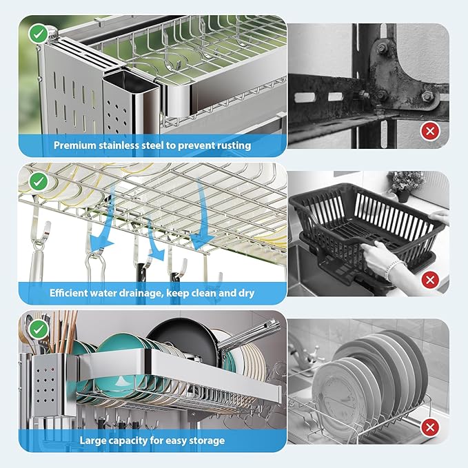 Over The Sink Dish Drainer Drying Rack, 2 Tier Adjustable Width 304 Stainless - Image 4