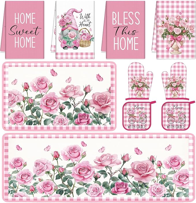 Fourluoo 10 Pcs Pink Rose Kitchen Decor Set Towels and Rugs Oven Mitts and Pot by Fourluoo