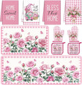Fourluoo 10 Pcs Pink Rose Kitchen Decor Set Towels and Rugs Oven Mitts and Pot by Fourluoo