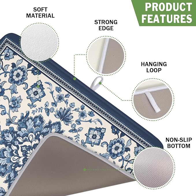 Blue Floral Dish Drying Mat for Kitchen Counter Vintage Flower Pattern - Image 3