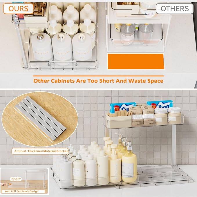 Yieach 2 Pack 14.5″ Deep Pull Out Under Sink Organizer, 10.8″ High 2 Tier Slide - Image 6