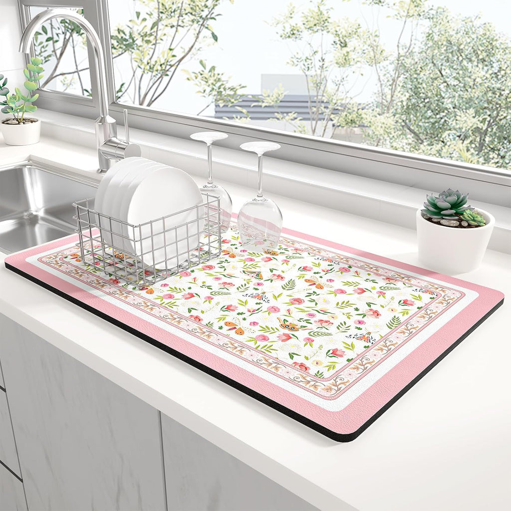 Rnivvi Dish Drying Mat for Kitchen Counter, 12 x 19" Cute Flower Theme