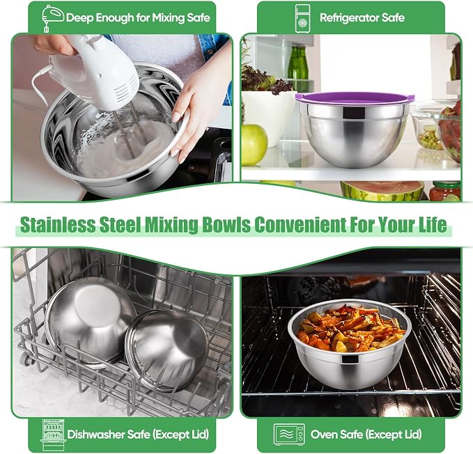 P&P CHEF Mixing Bowls with Airtight Lids Set of 5, 10-Piece Stainless Steel - Image 6