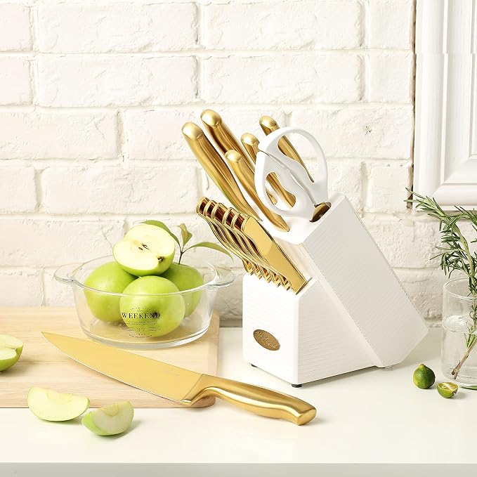 Marco Almond® Gold Knife Set, Knife Block Set MA21, Titanium Coated 14 Pieces - Image 7