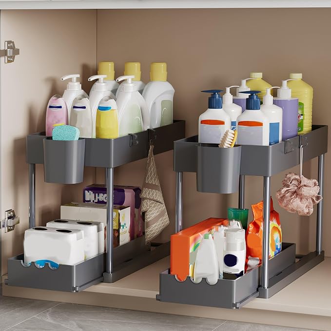 2 Pack Under Sink Organizers and Storage, 2-Tier Sliding Cabinet Organizer - Image 3