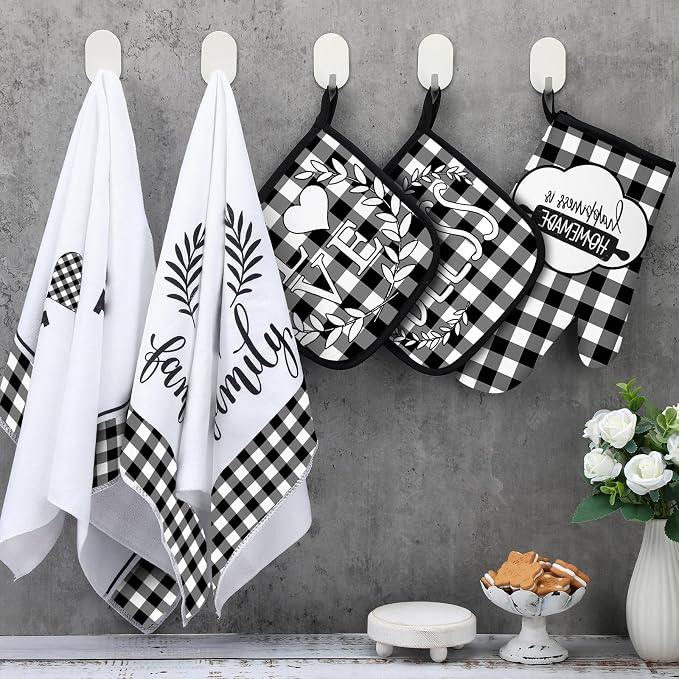 5 Pieces Buffalo Plaid Kitchen Towels Oven Mitts and Pot Holder Set Black and - Image 4