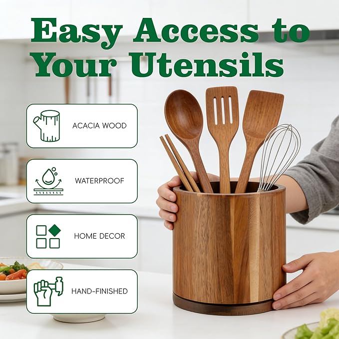 Acacia Wood Utensil Holder 360°Rotating Anti-Tip Design - Image 3