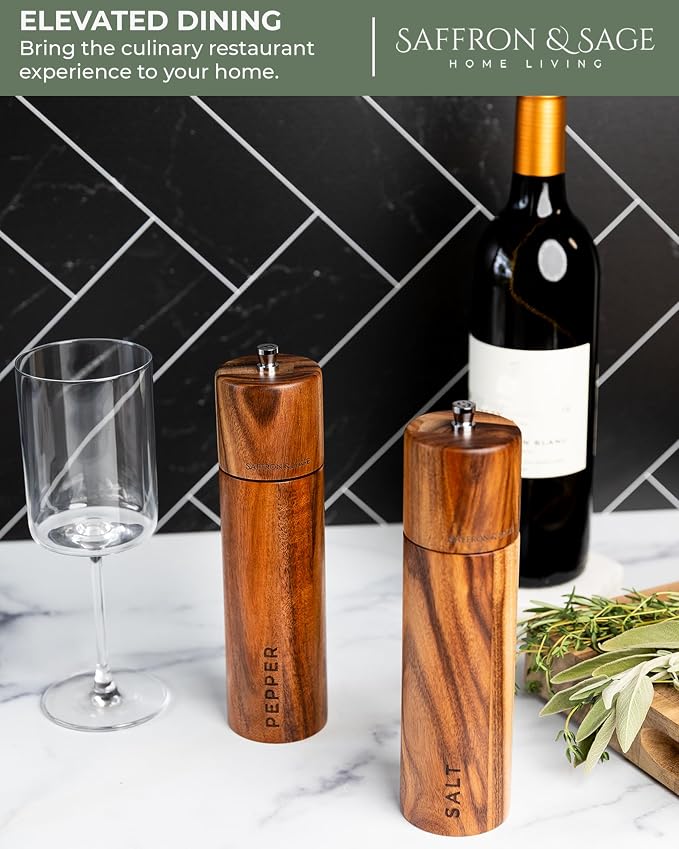 Saffron & Sage Premium Acacia Wood Salt and Pepper Grinder Set of 2-8” Tall - Image 5