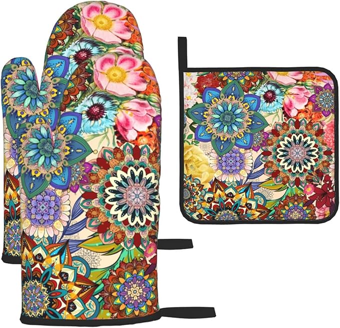 Boho Floral Oven Mitts and Pot Holders Sets, Heat Resistant Colorful Kitchen by Unknown