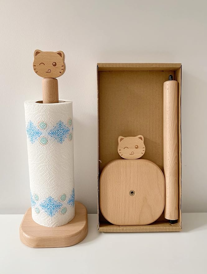 Cute Paper Towel Holder, Wooden Kitchen Roll Stand Organizer Free Standing - Image 2