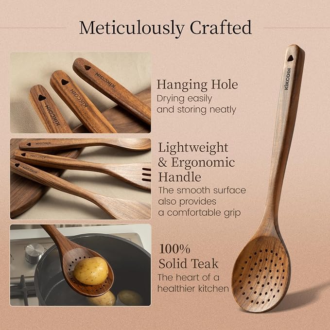 Kikcoin 7 PCS Durable Natural Teak Wooden Cooking Utensils Set, Non Toxic - Image 6