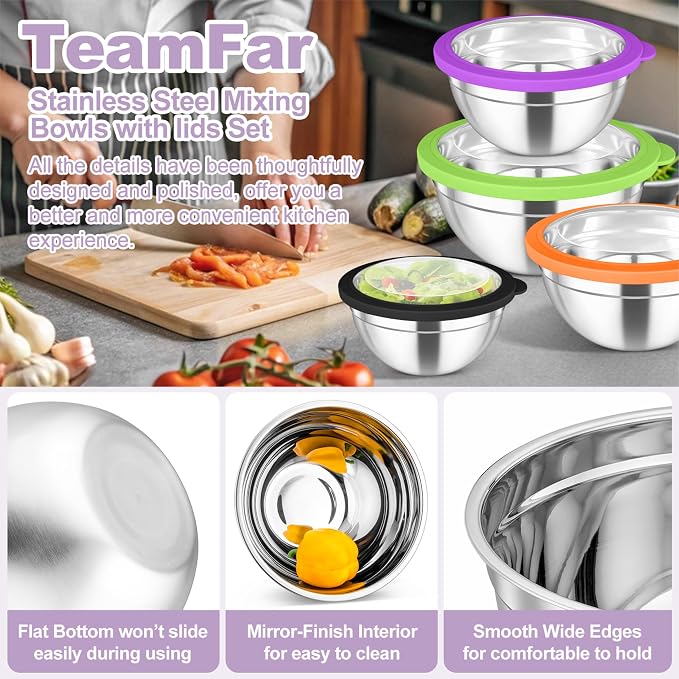 TeamFar Mixing Bowl Set, 4.5/3/1.5/1/0.7 QT Stainless Steel Nesting Salad Bowls - Image 4