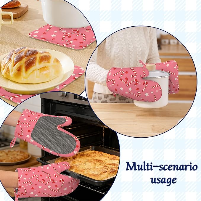 Pink Christmas Candy Cane Pot Holders and Oven Mitts Set Silicone Stars Kitchen - Image 6