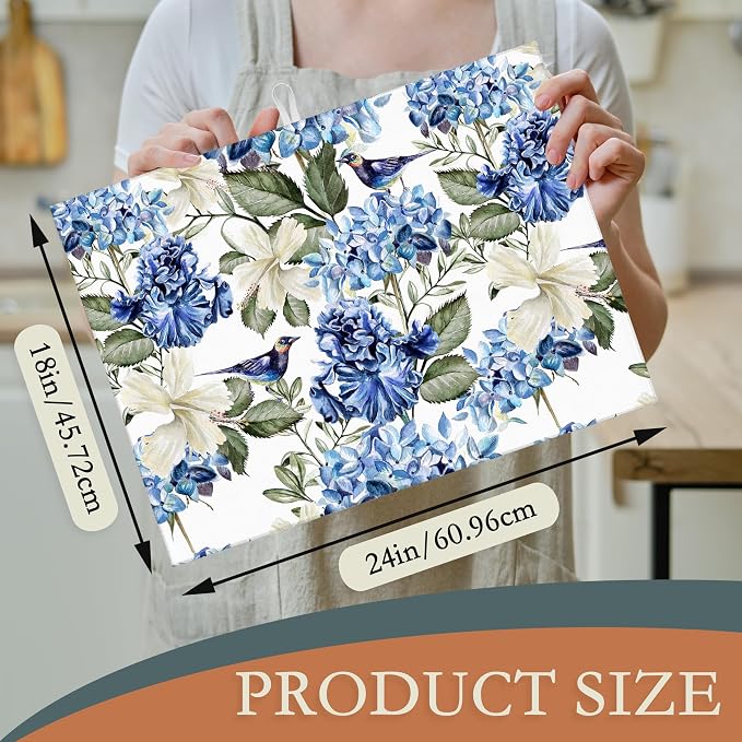 Blue Hydrangea Flowers Dish Drying Mat, Bird Drying Rack Pad Countertop Dishes - Image 2