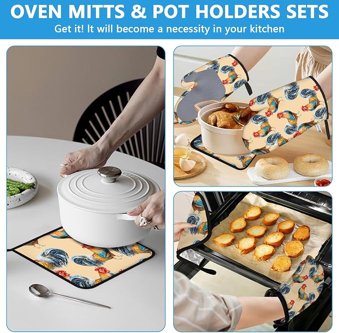 Watercolor Rooster Oven Mitts and Pot Holders Sets Heat Resistant 4Pcs - Image 6