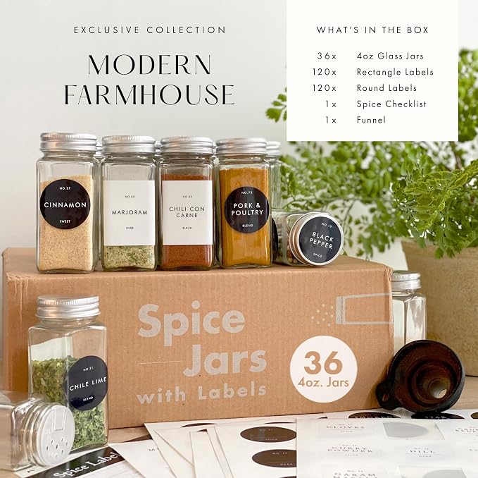 Glass Spice Jars with Labels with Metal Lids and Shakers Farmhouse 36 Pack Set - Image 3