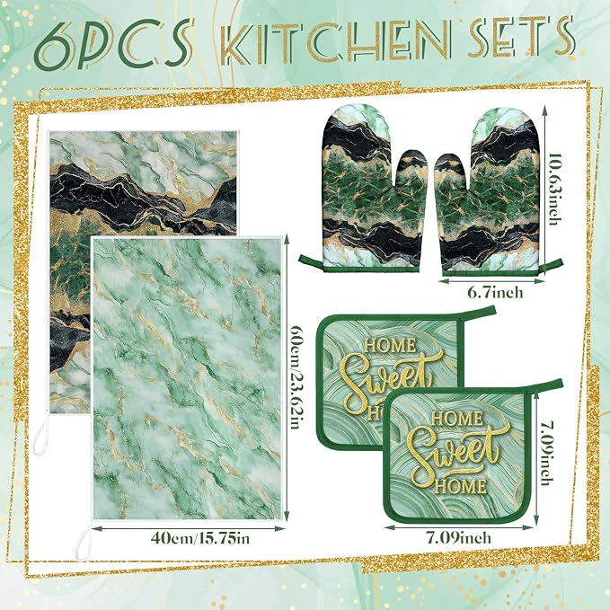 Bencailor 6 Pcs Marble Kitchen Decor Gold Pot Holders Oven Mitts 2 Dish Towels - Image 3