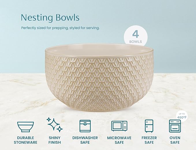 KooK Ceramic Mixing Bowls, Nesting Set of 4, Embossed Kitchen Dishware - Image 7