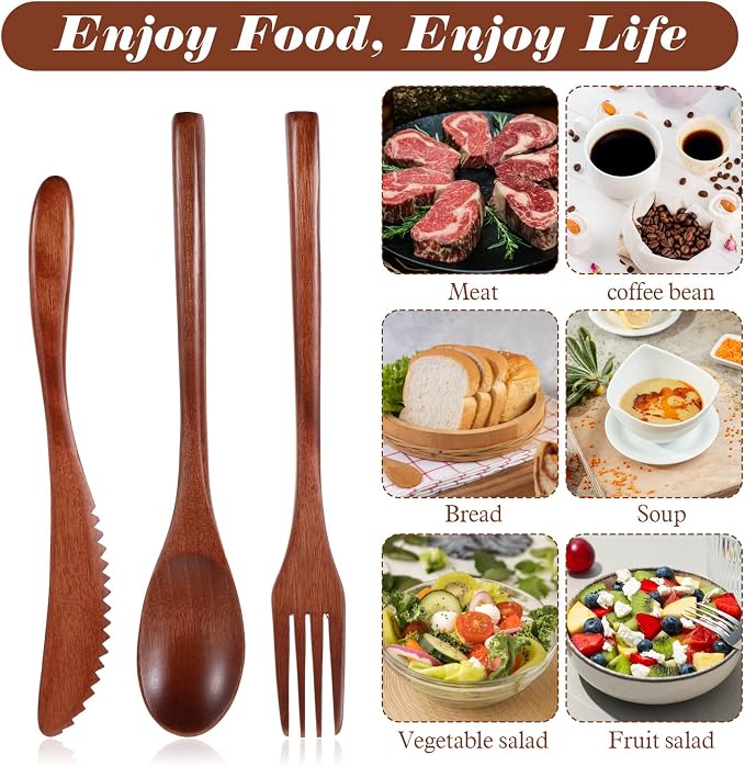 3 PCS Wooden Utensil Set for Eating, Wooden Forks Spoons Knife Reusable Wood - Image 7