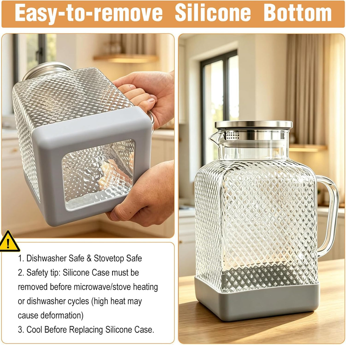 Glass Pitcher with Lid, 1 Gallon Glass Water Pitcher with Handle for