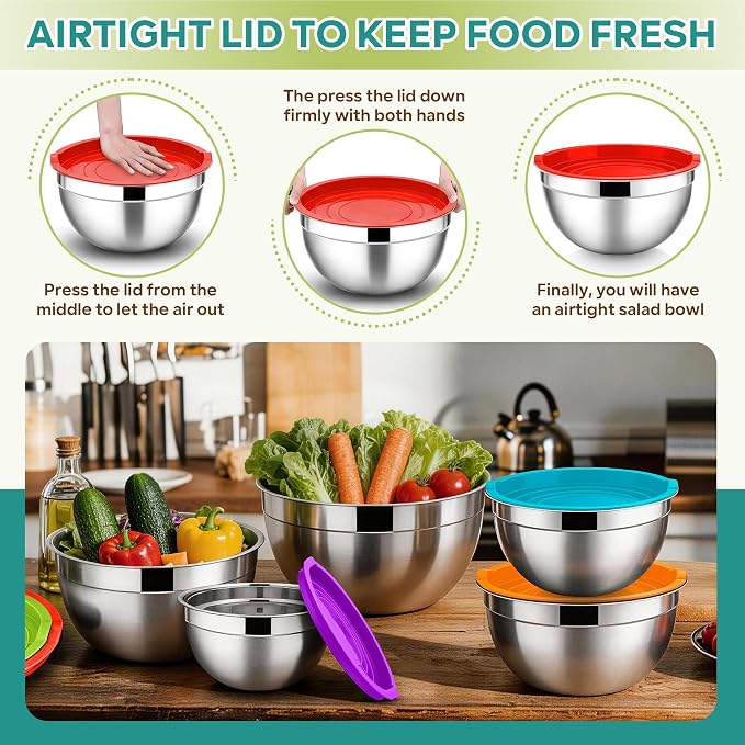 E-far Mixing Bowls With Lids Sets of 5, 10-Piece Stainless Steel Salad Metal - Image 6