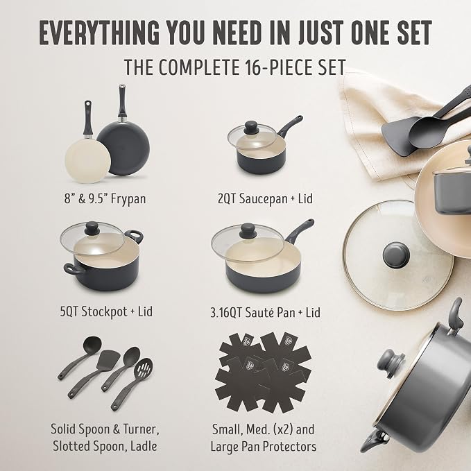GreenLife 16-Piece Nonstick Cookware Set, Non-Toxic Ceramic Pots and Pans Set - Image 5