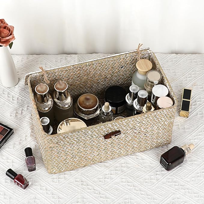 Sumnacon Wicker Basket with Lid Rectangle Woven Baskets - Image 5