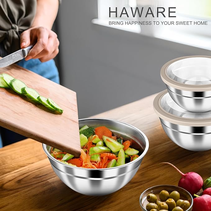 HaWare Mixing Bowls with Airtight Clear Lids, 6-Piece Stainless Steel Strong - Image 7