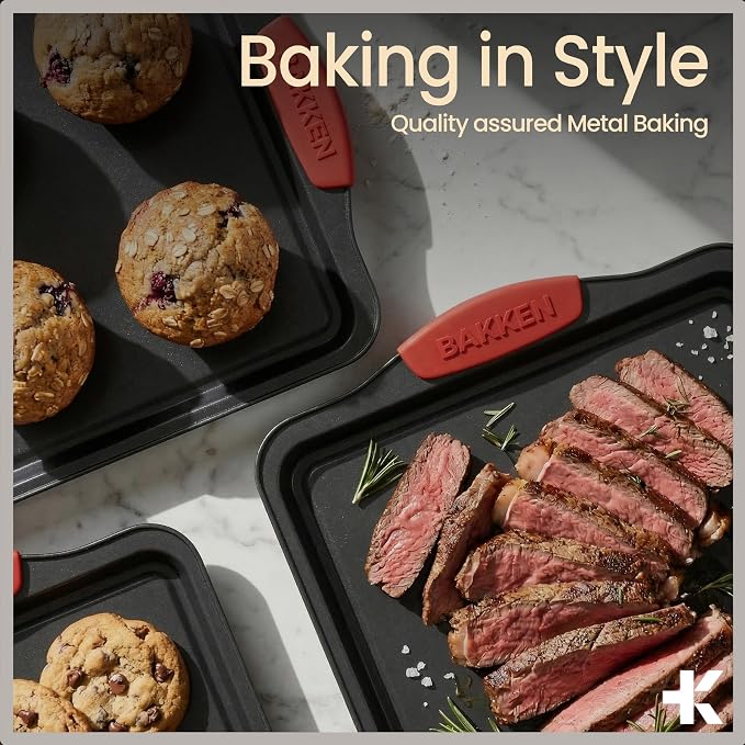 Baking Pan Set – 3 Piece Cookie Sheet – Deluxe Black Non-Stick Carbon Steel – - Image 8
